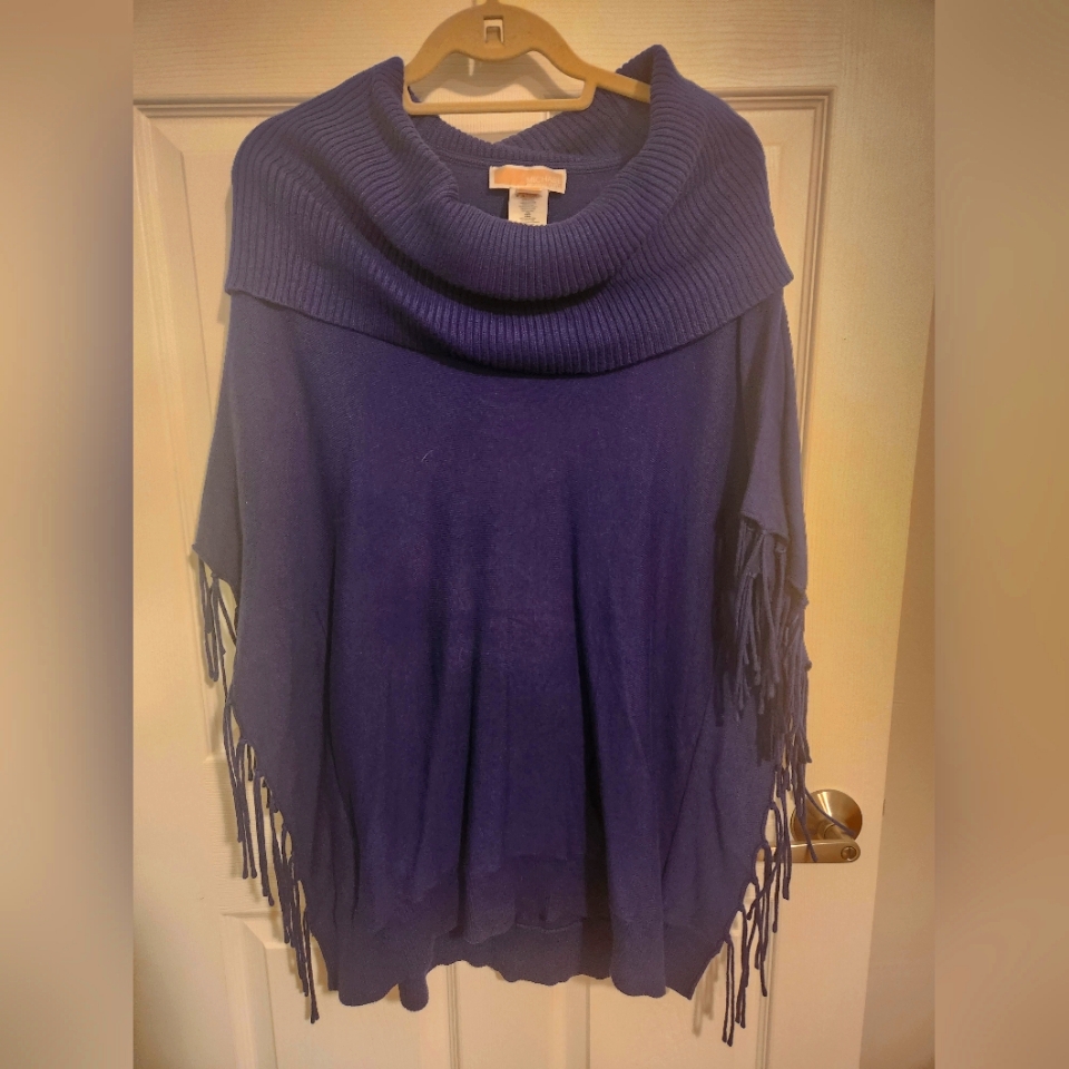 Michael Kors Short Sleeve Fringe Cowl Neck Sweater Size Large Blue Euc